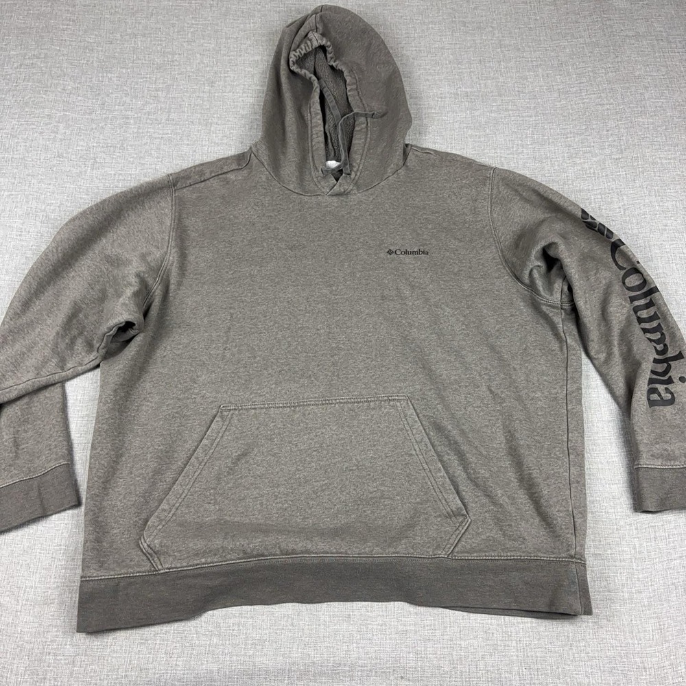 Columbia Hoodie Sweatshirt Mens 2XL Gray Pullover Fleece Graphic Sleeve Logo
